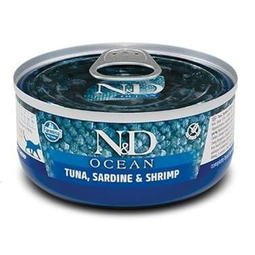 Farmina N&D Ocean Pastete Katzenfutter(Nassfutter, mit hochwertigen Vitaminen und natürliche Antioxidantien, ohne Mais, Zutaten: Thunfisch, Sardinen und Garnelen, Portionsgröße: 70 g) von Farmina Natural & Delicious