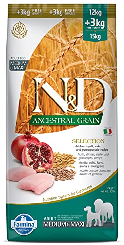 Farmina N&D ANCESTRAL GRAIN Pellets Hundefutter (Trockenfutter, mit hochwertigen Vitaminen und natürliche Antioxidantien, ohne Mais, Zutaten: Huhn, Dinkel, Hafer und Granatapfel, Portionsgröße: 15 kg) von Farmina Pet Foods