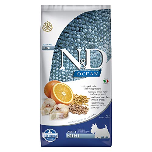 Farmina N&D Ocean Adult Mini Pellets Hundefutter (Trockenfutter, mit hochwertigen Vitaminen und natürliche Antioxidantien, ohne Mais, Zutaten: Kabeljau, Dinkel, Hafer und Orange, Portionsgröße: 7 kg) von Farmina Natural & Delicious