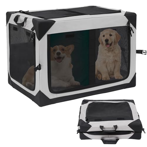 FASRIOU 1680D Hundebox faltbar für 2 Hunde mit Trennwand, 2-in-1 Hundebox Auto Große Hunde mit 4 Türen, Hundetransportbox Auto Transportbox Hund für 2 kleine Hunde, Grau, 91x63x63cm von FASRIOU