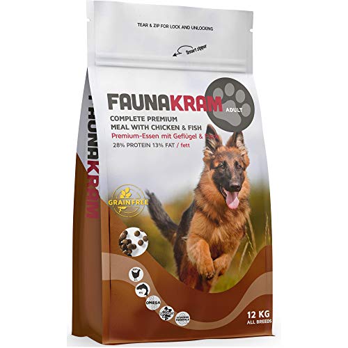 Faunakram Premium hundefutter trockenfutter getreidefrei - Hundetrockenfutter mit Geflügel und Fisch für ausgewachsene Hunde Aller rassen, (Huhn | Fisch, 12 kg) von Faunakram