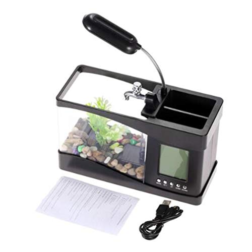 Aquarien, Multifunktionales USB -Mini -Aquarium -Fischtank mit LED -Lampen -LCD -Takt -Storage -Box für Tastenpene Wasserpflanzen und Musik (Black) von Fdit