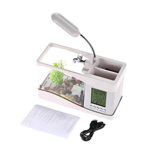 Aquarien, Multifunktionales USB -Mini -Aquarium -Fischtank mit LED -Lampen -LCD -Takt -Storage -Box für Tastenpene Wasserpflanzen und Musik (White) von Fdit