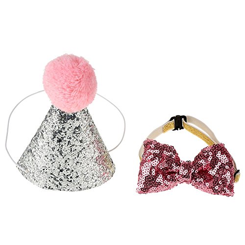 Fdit Haustier Katze Bögen Geburtstagskappe Haaraccessoires Hundgeburtstag Kappen Bowknot elastisches Blingbling Partei Hut Kostüme(Rosa) von Duokon