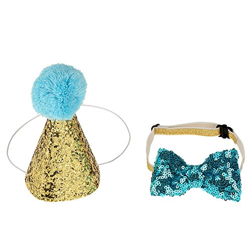 Haustier Katze Bögen Geburtstagskappe Haaraccessoires Hundgeburtstag Kappen Bowknot elastisches Blingbling Partei Hut Kostüme(Blau) von Fdit