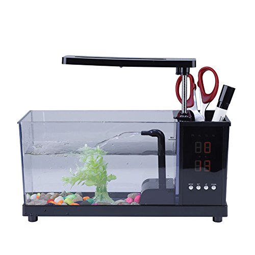 Multifunktionales USB-Mini-Aquarium mit LED-Uhrfunktion, Elegantem Design und Pumpenfiltration für die Heimbüro-Dekoration mit Drehbarem Licht (Black) von Fdit