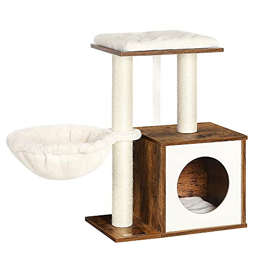 FEANDREA WoodyWonders Kleiner Katzenbaum für Kätzchen, Moderner Katzenturm für Indoor-Katzen, Katzenhaus mit Kratzstämmen, Abnehmbare Waschbare Kissen, Rustikales Braun UPCT122X01 von Feandrea