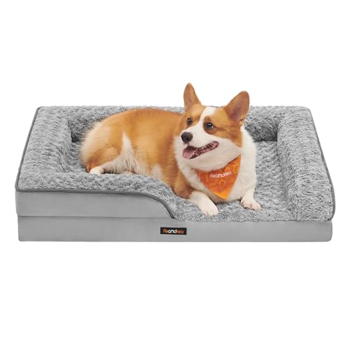 Feandrea Orthopädisches Hundebett für kleine Hunde, wasserdichtes Hundesofa mit abnehmbarem Plüsch-Bezug, 71 x 58 x 16 cm, Taubengrau PGW251G01 von Feandrea