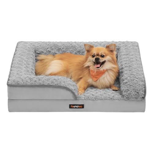 Feandrea Orthopädisches Hundebett für kleine Hunde, wasserdichtes Hundesofa mit abnehmbarem Plüsch-Bezug, 71 x 58 x 16 cm, Taubengrau PGW251G01 von Feandrea