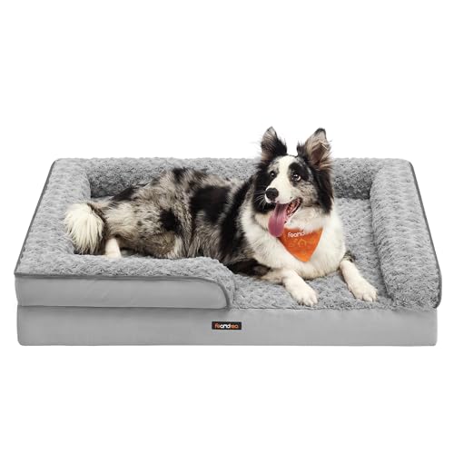 Feandrea Orthopädisches Hundebett für mittelgroße Hunde, wasserdichtes Hundesofa mit abnehmbarem Plüsch-Bezug, 91 x 68 x 16 cm, Taubengrau PGW252G01 von Feandrea