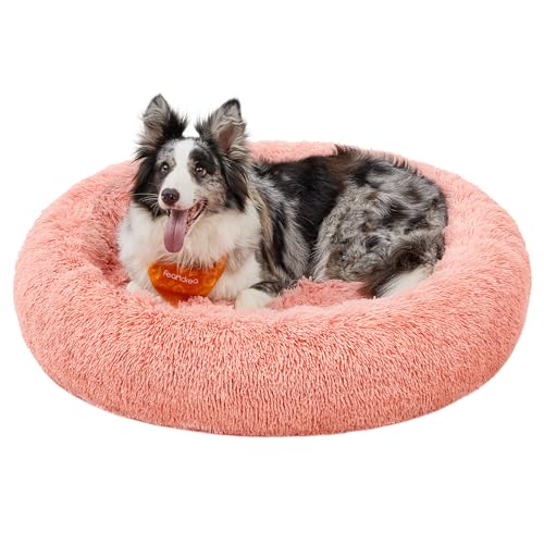 Feandrea Hundebett flauschig, Katzenbett, Donut Kissen, waschbar, Polsterung in der Mitte herausnehmbar, Langer Plüsch, 100 cm Durchmesser, rosa PGW042R01 von Feandrea