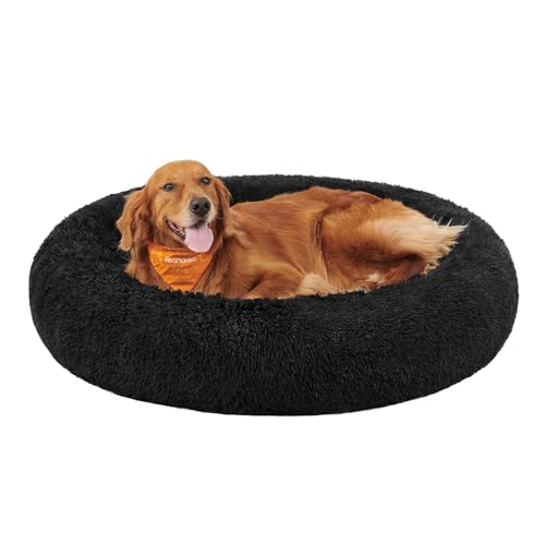 Feandrea Hundebett flauschig, Katzenbett, Donut Kissen, waschbar, Polsterung in der Mitte herausnehmbar, Langer Plüsch, 120 cm Durchmesser, tintenschwarz PGW043B01 von Feandrea