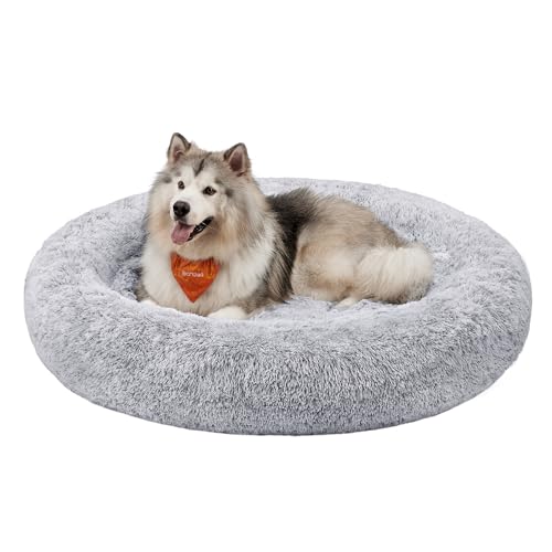 Feandrea Hundebett flauschig, Katzenbett, Donut Kissen, waschbar, Polsterung in der Mitte herausnehmbar, Langer Plüsch, 140 cm Durchmesser, Ombré-Grau PGW044G01 von Feandrea