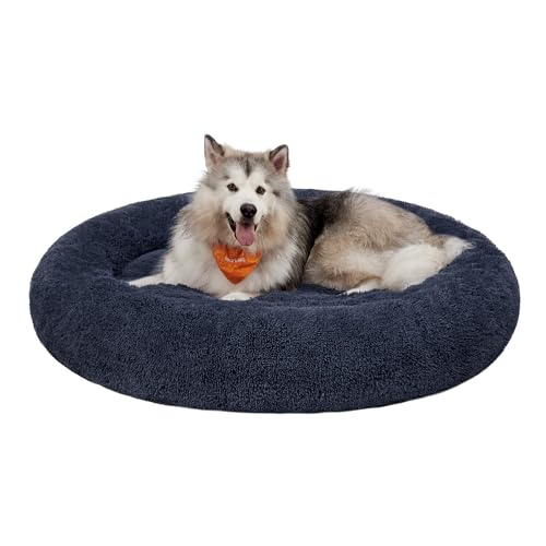 Feandrea Hundebett flauschig, Katzenbett, Donut Kissen, waschbar, Polsterung in der Mitte herausnehmbar, langer Plüsch, 140 cm Durchmesser, dunkelgrau PGW044G02 von Feandrea