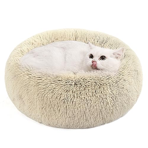 Feandrea Hundebett flauschig, Katzenbett, Donut Kissen, waschbar, Polsterung in der Mitte herausnehmbar, Langer Plüsch, 50 cm Durchmesser, Ombré-Khaki PGW037S01 von Feandrea