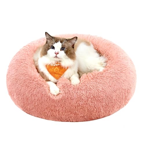 Feandrea Hundebett flauschig, Katzenbett, Donut Kissen, waschbar, Polsterung in der Mitte herausnehmbar, Langer Plüsch, 50 cm Durchmesser, rosa PGW037R01 von Feandrea