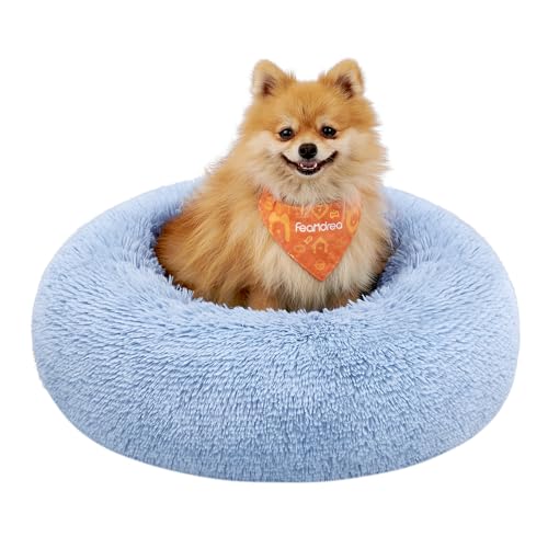 Feandrea Hundebett flauschig, Katzenbett, Donut Kissen, waschbar, Polsterung in der Mitte herausnehmbar, langer Plüsch, 60 cm Durchmesser, blassblau PGW038Q01 von Feandrea