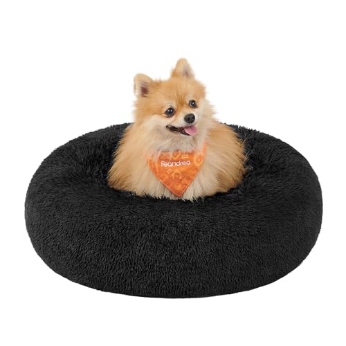 Feandrea Hundebett flauschig, Katzenbett, Donut Kissen, waschbar, Polsterung in der Mitte herausnehmbar, Langer Plüsch, 60 cm Durchmesser, tintenschwarz PGW038B01 von Feandrea