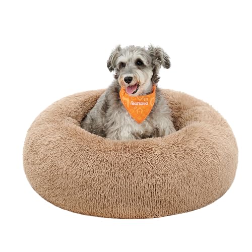 Feandrea Hundebett flauschig, Katzenbett, Donut Kissen, waschbar, Polsterung in der Mitte herausnehmbar, langer Plüsch, 70 cm Durchmesser, Kamelbraun PGW039K01 von Feandrea