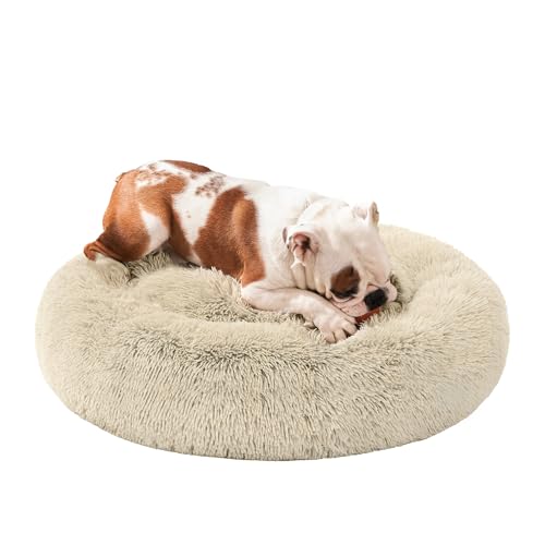 Feandrea Hundebett flauschig, Katzenbett, Donut Kissen, waschbar, Polsterung in der Mitte herausnehmbar, Langer Plüsch, 80 cm Durchmesser, Khaki PGW040S01 von Feandrea