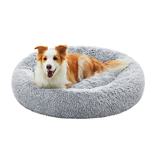 Feandrea Hundebett flauschig, Katzenbett, Donut Kissen, waschbar, Polsterung in der Mitte herausnehmbar, Langer Plüsch, 90 cm Durchmesser, Ombré-Grau PGW041G01 von Feandrea