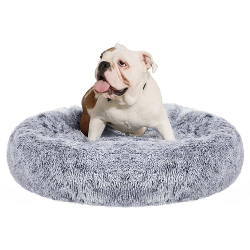 Feandrea Hundebett flauschig, Katzenbett, Donut Kissen, waschbar, Polsterung in der Mitte herausnehmbar, Langer Plüsch, 90 cm Durchmesser, Ombré-Grau PGW041G01 von Feandrea