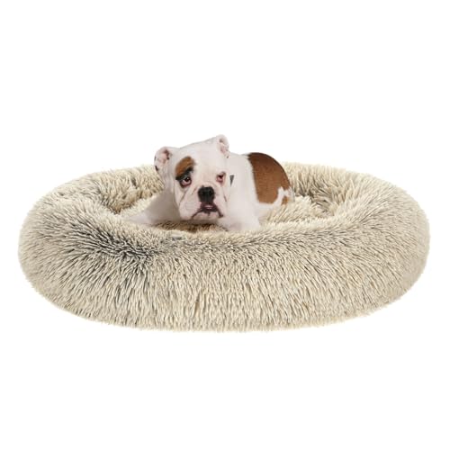 Feandrea Hundebett flauschig, Katzenbett, Donut Kissen, waschbar, Polsterung in der Mitte herausnehmbar, Langer Plüsch, 90 cm Durchmesser, Ombré-Khaki PGW041S01 von Feandrea