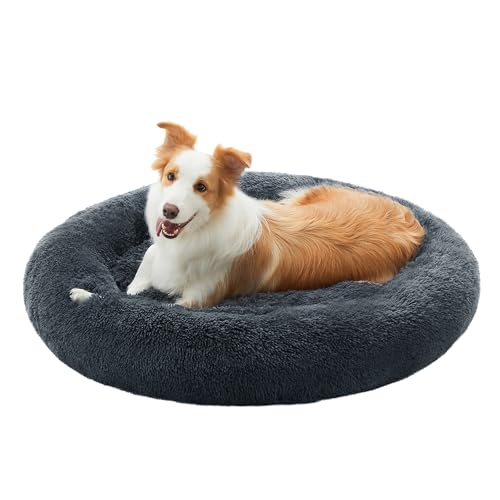 Feandrea Hundebett flauschig, Katzenbett, Donut Kissen, waschbar, Polsterung in der Mitte herausnehmbar, Langer Plüsch, 90 cm Durchmesser, dunkelgrau PGW041G02 von Feandrea