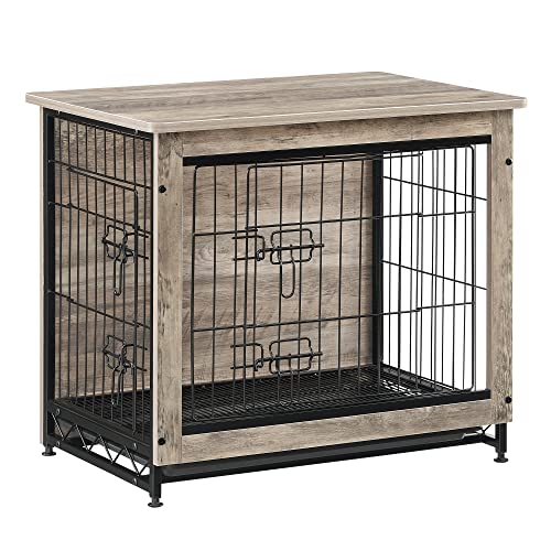 Feandrea Hundekäfig Möbel, Beistelltisch, Hundebox, Moderne Hundehütte Indoor für Hunde bis zu 14 kg, hochbelastbar, Hundehaus für Zuhause, herausnehmbares Tablett, 2 Türen, Greige PFC001G01 von Feandrea