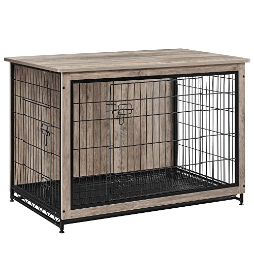 Feandrea Hundekäfig Möbel, Beistelltisch, Hundebox, Moderne Hundehütte Indoor für Hunde bis zu 36 kg, hochbelastbar, Hundehaus für Zuhause, herausnehmbares Tablett, 2 Türen, Greige PFC004G01 von Feandrea