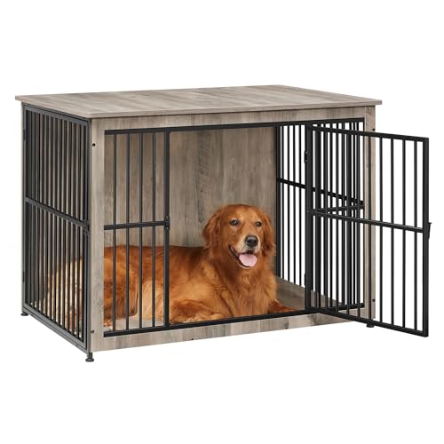 Feandrea Hundekäfig Möbel, Beistelltisch, Hundebox, Moderne Hundehütte Indoor für Hunde bis zu 37 kg, hochbelastbar, geschlossener Boden, Hundehaus 2 Türen, Greige meliert PFC024G01 von Feandrea