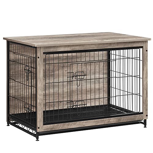 Feandrea Hundekäfig Möbel, Beistelltisch, Hundebox, Moderne Hundehütte Indoor für Hunde bis zu 32 kg, hochbelastbar, Hundehaus für Zuhause, herausnehmbares Tablett, 2 Türen, Greige PFC003G01 von Feandrea