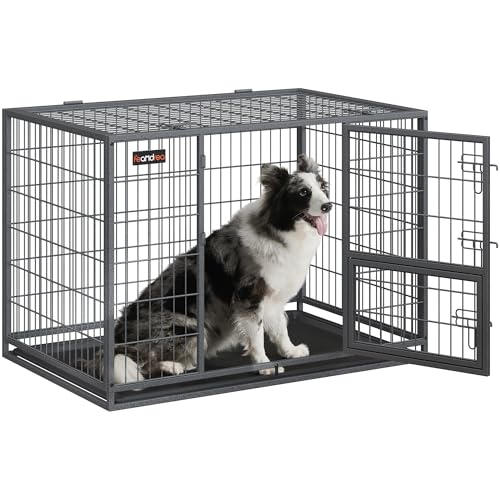 Feandrea Hundekäfig hochbelastbar, Gitterbox, transportabler Haustierkäfig, 107 x 70 x 75 cm, für mittelgroße, große Hunde, sicher, 2 abnehmbare Türen, Welpenauslauf, XL, grau PPD001G01 von Feandrea