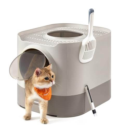 Feandrea Katzenklo, Katzentoilette XXL, mit Deckel, ausziehbares Tablett, Schaufel, Bürste, geräumig für große Katzen, weniger Spuren, auslaufsicherer Boden, haferflockenfarben-warmgrau PPT002G01 von Feandrea