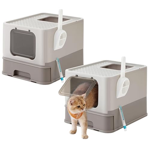 Feandrea Katzenklo 2er Set, Katzentoilette, mit Deckel, ausziehbares Tablett, geräumig für Katzen bis 15 kg, weniger Spuren, auslaufsicherer Boden, haferflockenfarben-warmgrau PPT001G10 von Feandrea