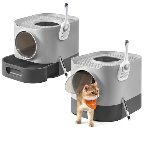 Feandrea Katzenklo 2er Set, Katzentoilette XXL, mit Deckel, ausziehbares Tablett, Schaufel, Bürste, für Katzen verschiedener Größen, weniger Spuren, Taubengrau-schiefergrau PPT002B10 von Feandrea