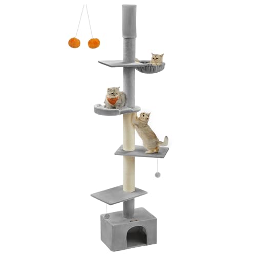 Feandrea Kratzbaum deckenhoch, 231-291 cm höhenverstellbarer Katzenbaum, XXL, hoher mehrstufiger Katzenkratzbaum, 11 cm Dicke Stämme, Höhle, Liegemulde, Plattform, hellgrau PCT210G01 von Feandrea