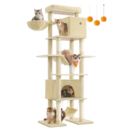 Feandrea Kratzbaum groß, Katzenbaum XXL, mehrstöckiger Katzenkratzbaum, 201 cm hoch, mit Einer Plattform, Einer Liegemulde, 2 Katzenhöhlen, 2 Hängematten, Kippschutz, beige PCT195Y01 von Feandrea