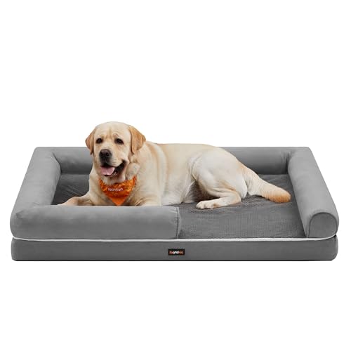 Feandrea Orthopädisches Hundebett, Hundekissen, Hundekorb, weiche Polsterung, Hundesofa, erhöhte Ränder, Bezug abnehmbar und waschbar, 135 x 107 x 25 cm, rutschfeste Unterseite, hellgrau PGW079G02 von Feandrea