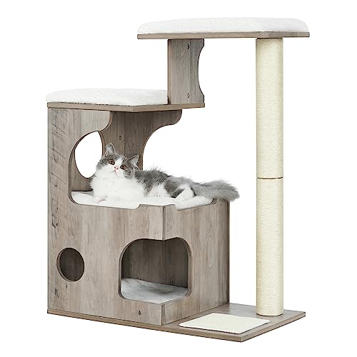 Feandrea WoodyWonders UPCT070G01 Katzenbaum, 86 cm, moderner Katzenturm, Katzenhaus mit 3 Sitzstangen, Kratzbaum und Matte, Höhle, 4 abnehmbare, waschbare Kissen, Greige und Weiß von Feandrea