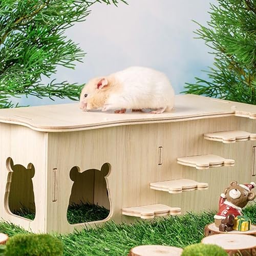 Feaolala Hamsterhaus, Holzhaus für Haustiere Kleintierversteck Zwerghamster Zubehör Meerschweinchen Holz Hamsterhaus Spielzeug Natürliches Holz Wohnhaus (2C) von Feaolala