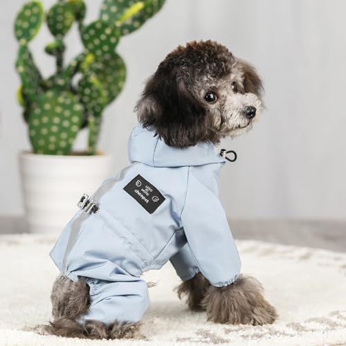 Feaolala Hund Regenmantel mit Tasche Verpackbare leichte Regen Poncho Hoodie Slicker mit Leine Loch Regen Jacke für kleine mittlere Hunde atmungsaktiv elastische Riemen Knopfverschluss (L,Blau) von Feaolala