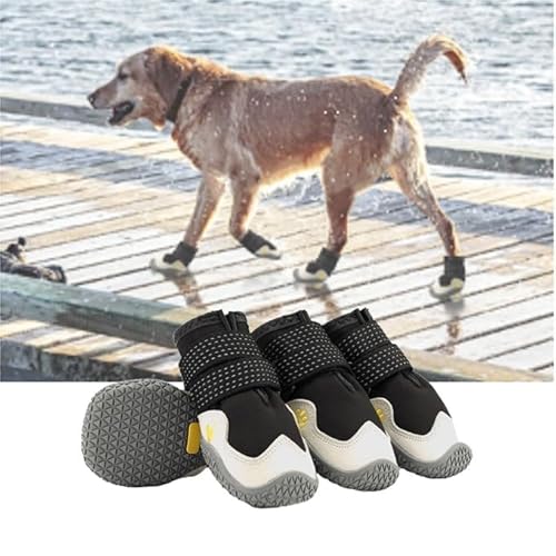 Feaolala Hundeschuhe, Anti Rutsch Weicher Atmungsaktive Stiefel für Hunde mit Reflektierenden Riemen, Mikrofaser Leder Gummi Rhombische Sohle Hundepfotenschutz (4,Schwarz) von Feaolala