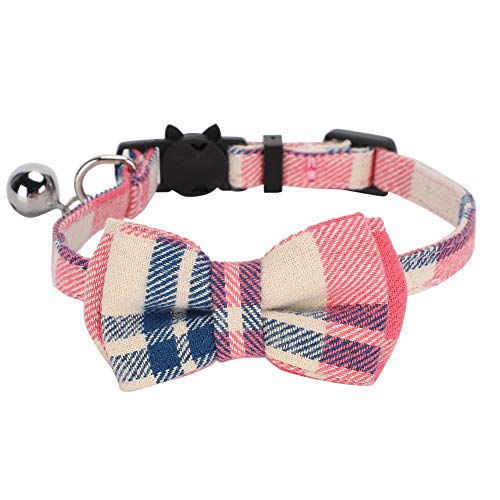 Febuliy Katzen niedliche Bogenkragen kindliche Krawatte weiche Stoff Bowtie mit Bell Haustier Dekoration liefert rosa schwarz weiß blau orange rot für Katzen und Haustiere (Rosa Plaid) von Febuliy