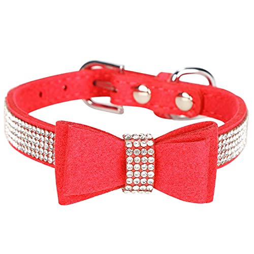 Wildleder-Mikrofaser-Doppelschleife, Kristall-Glitzer-Strass-Katzenhalsband, Haustierbedarf für Hunde, Kätzchen (M 42 * 2,0 cm) von Febuliy