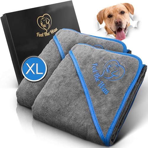 FeelTheWau Hundehandtuch extra saugfähig - Hundehandtuch für große Hunde und kleine Hunde - KUSCHELWEICH - Hunde Handtuch - Geschenk für Hundebesitzer (2er Pack 130x75cm, Grau/Blau) von FeelTheWau