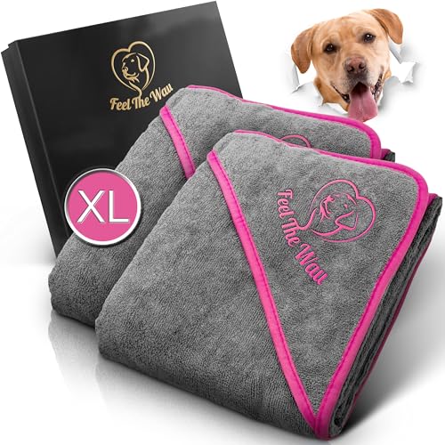 FeelTheWau Hundehandtuch extra saugfähig - Hundehandtuch für große Hunde und kleine Hunde - KUSCHELWEICH - Hunde Handtuch - Geschenk für Hundebesitzer (2er Pack 130x75cm, Grau/Pink) von FeelTheWau