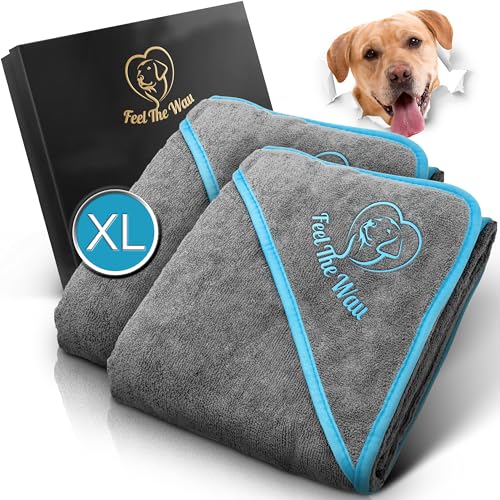 FeelTheWau Hundehandtuch extra saugfähig - Hundehandtuch für große Hunde und kleine Hunde - KUSCHELWEICH - Hunde Handtuch - Geschenk für Hundebesitzer (2er Pack 130x75cm, Grau/Türkis) von FeelTheWau