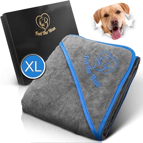 FeelTheWau Hundehandtuch extra saugfähig - Hundehandtuch für große Hunde und kleine Hunde - KUSCHELWEICH - Hunde Handtuch - Geschenk für Hundebesitzer (1er Pack 130x75cm, Grau/Blau) von FeelTheWau