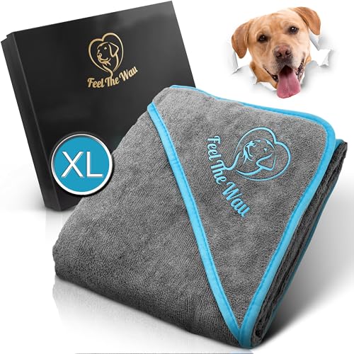 FeelTheWau Hundehandtuch extra saugfähig - Hundehandtuch für große Hunde und kleine Hunde - KUSCHELWEICH - Hunde Handtuch - Geschenk für Hundebesitzer (1er Pack 130x75cm, Grau/Türkis) von FeelTheWau